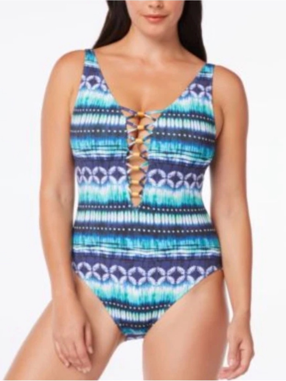 Bleu Rod Beattie Blue Teal Striped Lace-Up One-Piece Swimsuit